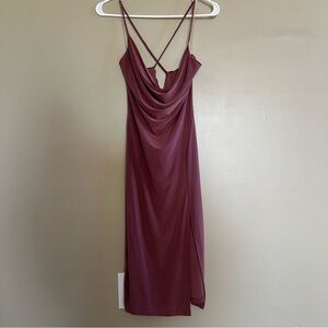Mauve Cowl Neck Criss-cross back Slinky Midi Dress with Slit- L